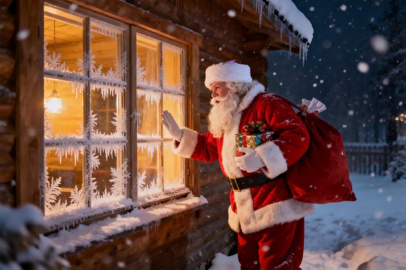 圣诞老人雪夜敲窗送礼图片