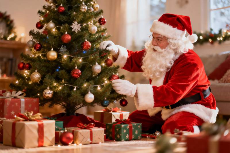 圣诞老人装饰圣诞树场景图片