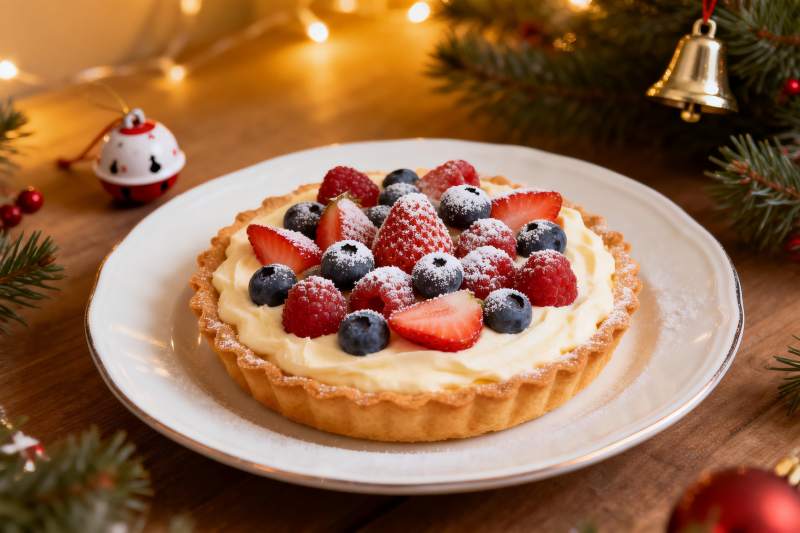 圣诞装饰下的水果挞图片