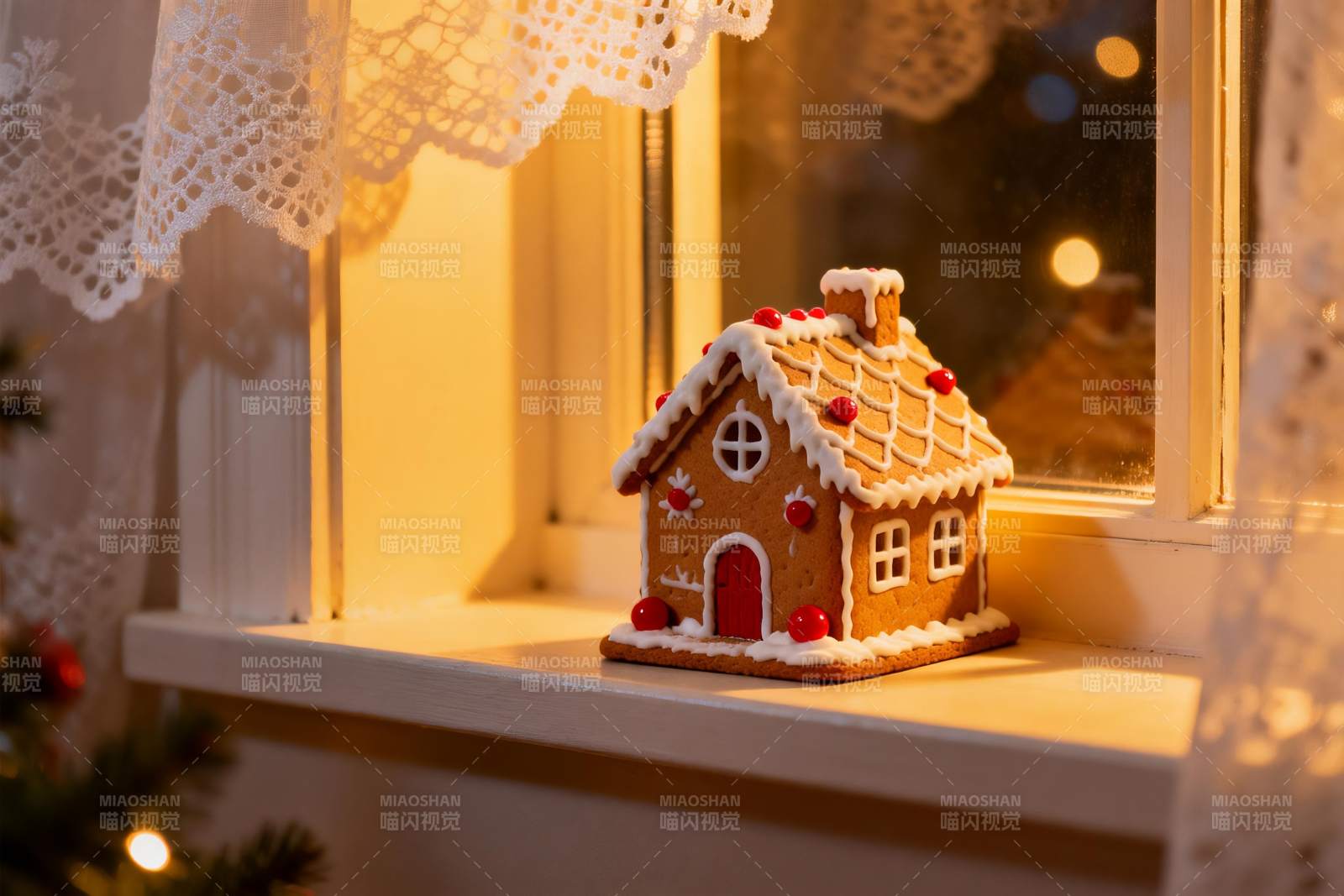 窗台上的姜饼小屋温馨节日图片