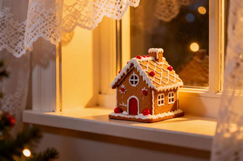 窗台上的姜饼小屋温馨节日图片