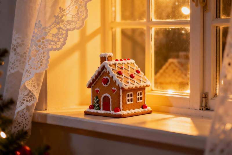 窗台姜饼屋温暖阳光照图片