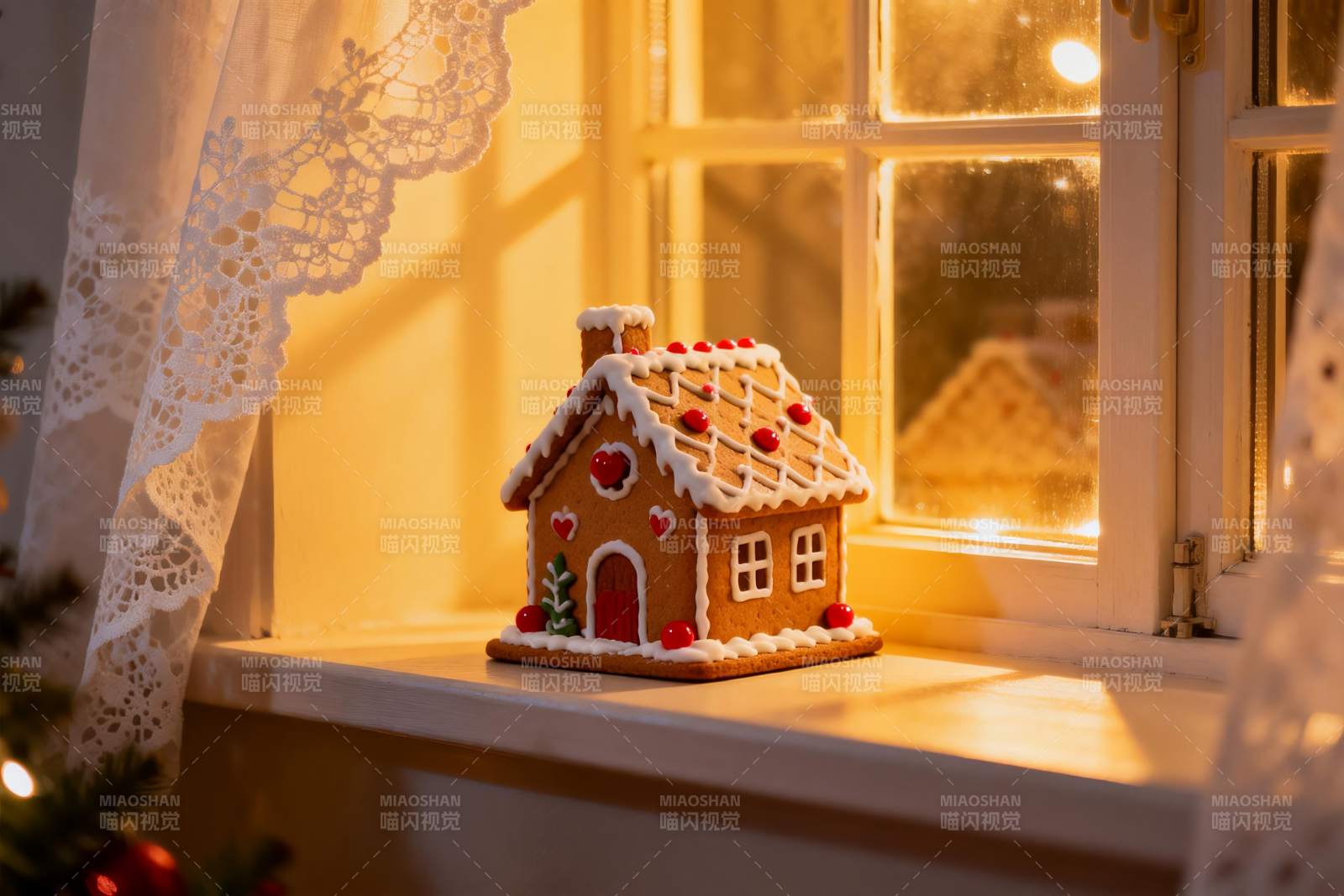 窗台姜饼屋温暖阳光照图片