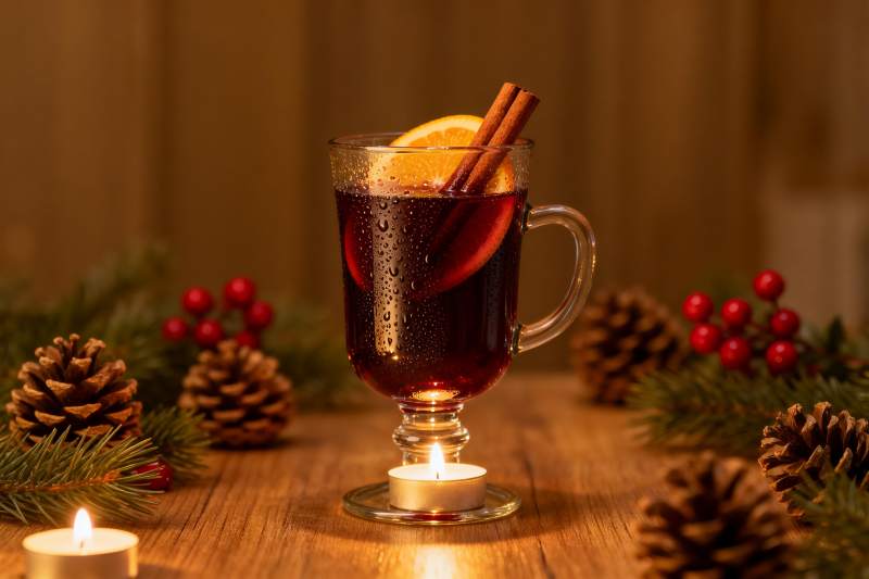 温暖节日饮品与松果蜡烛图片