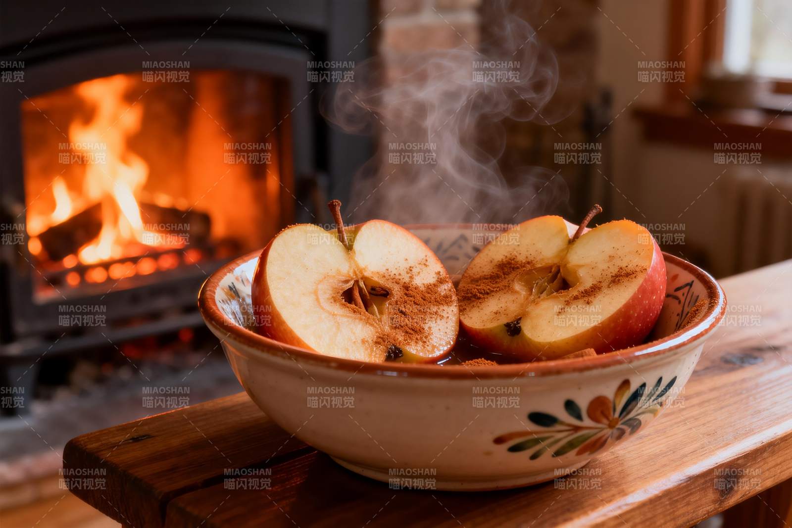 热苹果与壁炉的温馨场景图片