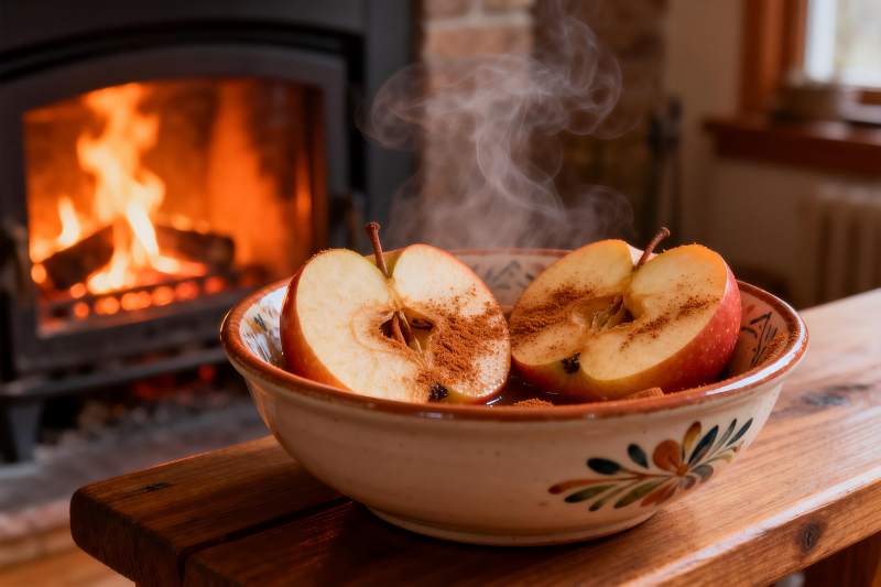 热苹果与壁炉的温馨场景图片