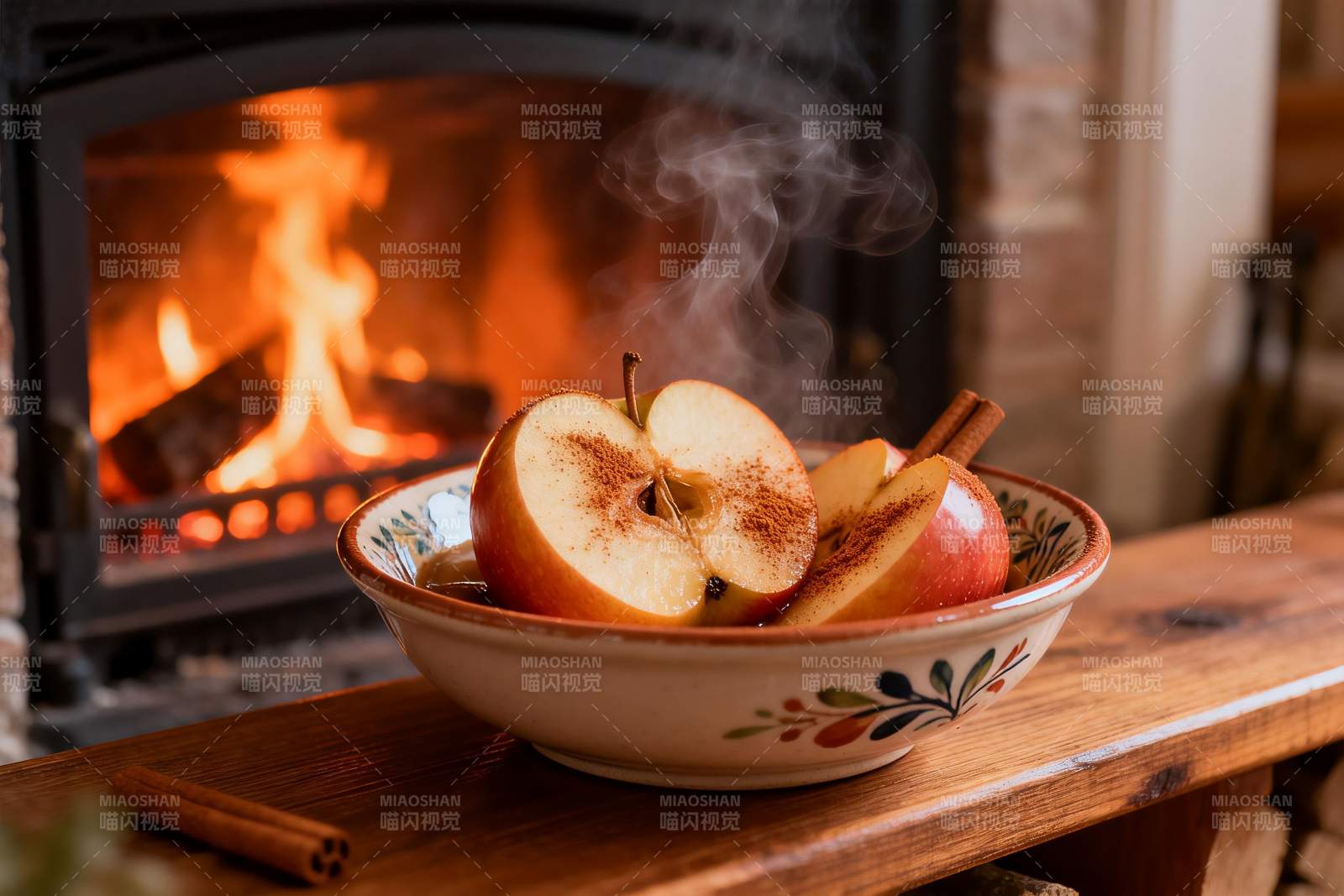 壁炉旁热苹果片散发香气图片