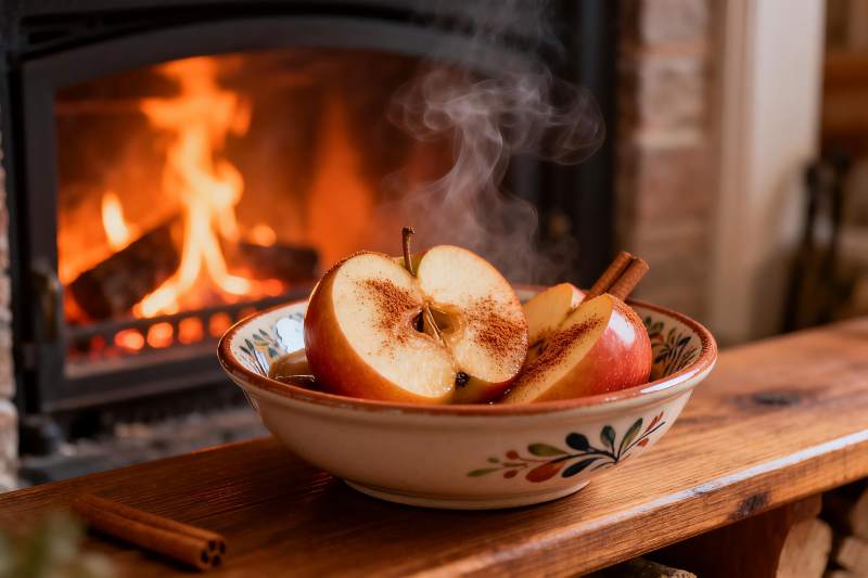 壁炉旁热苹果片散发香气图片