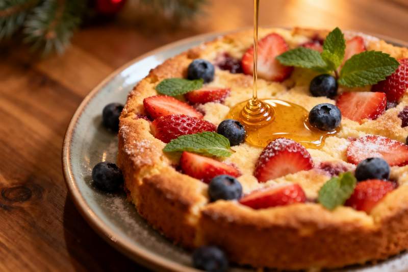 水果蛋糕淋酱特写图片