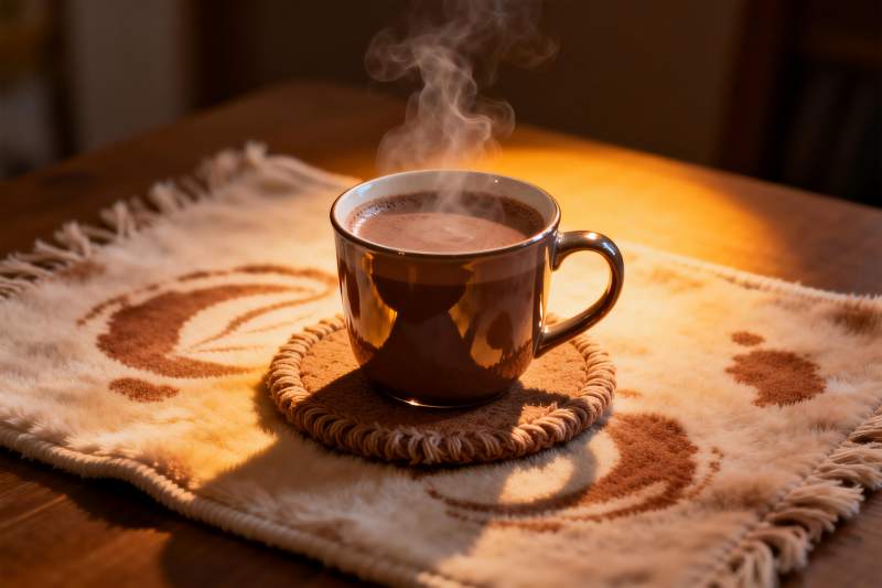 热饮杯置于编织垫上图片