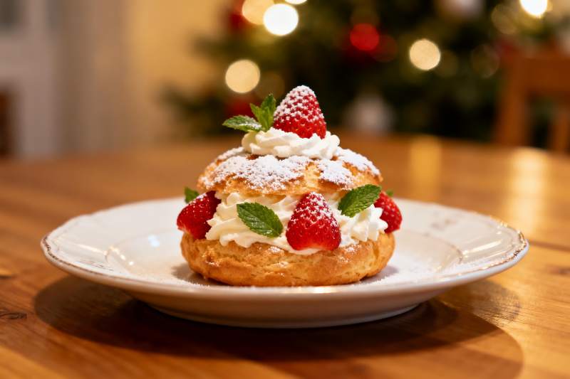 圣诞树前的草莓奶油泡芙图片