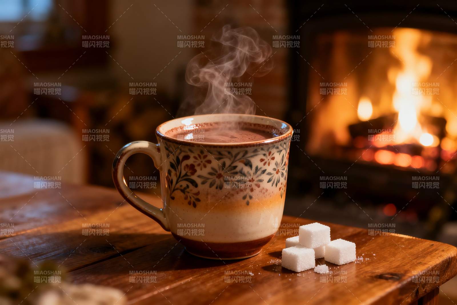 热饮旁的壁炉与糖块图片