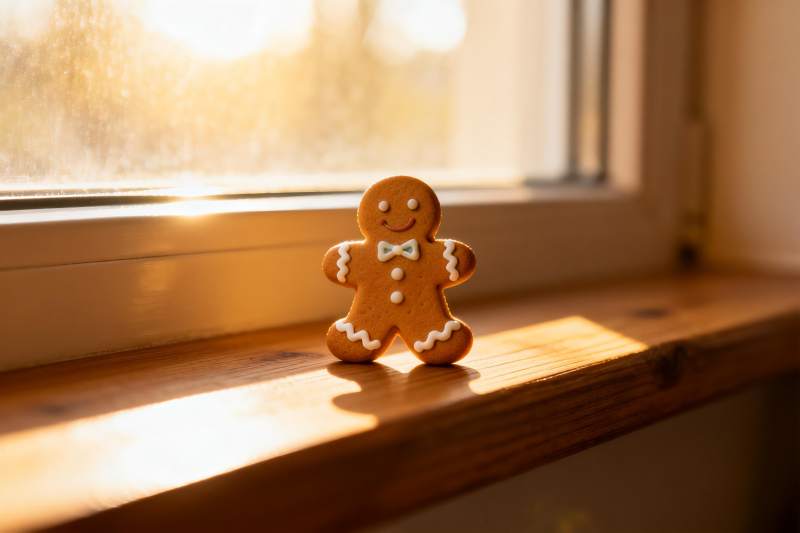 姜饼人窗台沐浴阳光图片