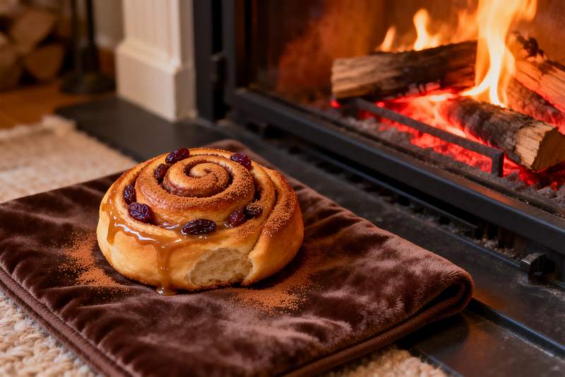 烤肉桂卷配壁炉火焰图片