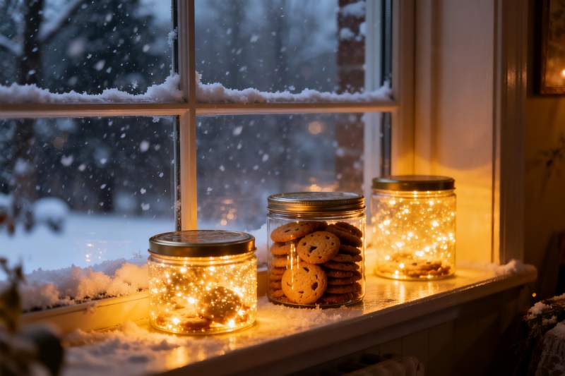 窗台雪景灯饰饼干图片