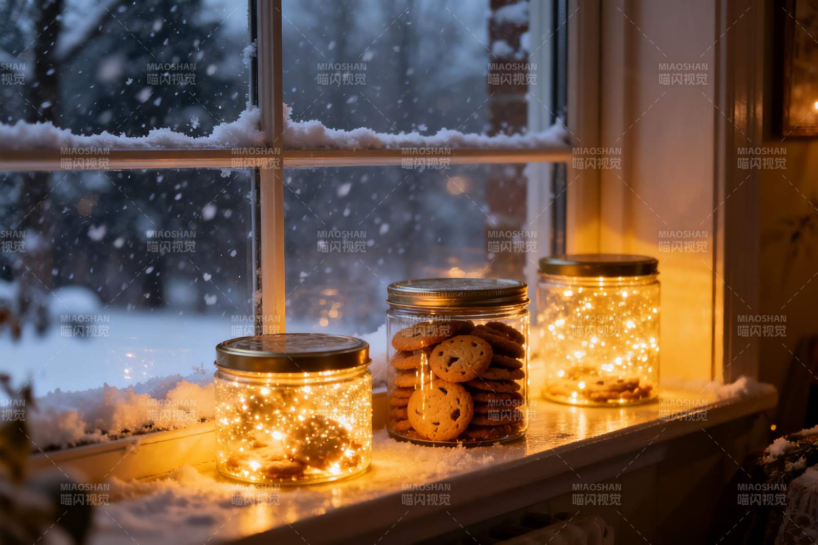 窗台雪景灯饰饼干图片