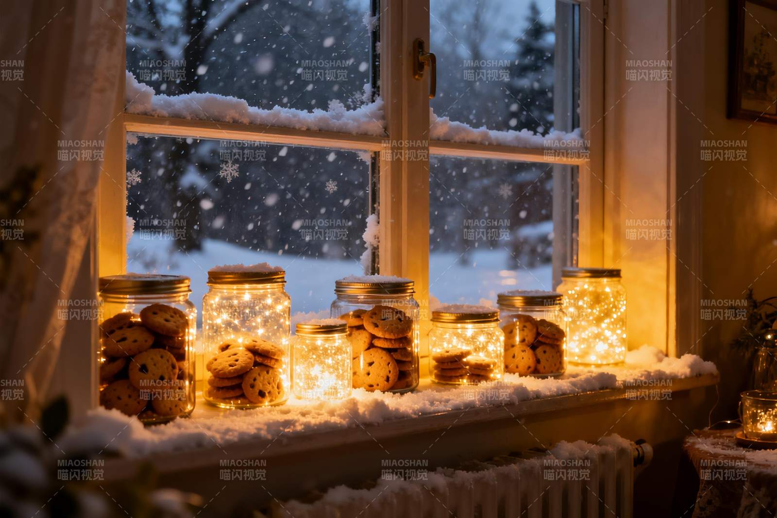窗台雪夜饼干罐灯光温馨图片