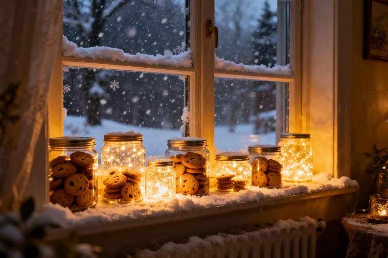 窗台雪夜饼干罐灯光温馨图片