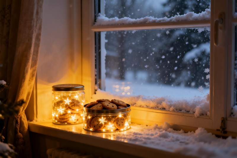 窗台雪景甜点温馨夜图片