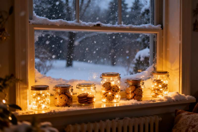 窗台雪景与饼干罐灯光图片