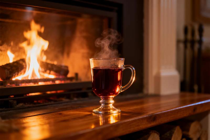 壁炉旁热饮升腾暖意图片