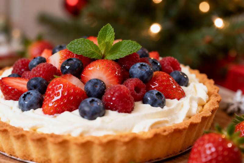 圣诞树前的水果挞图片