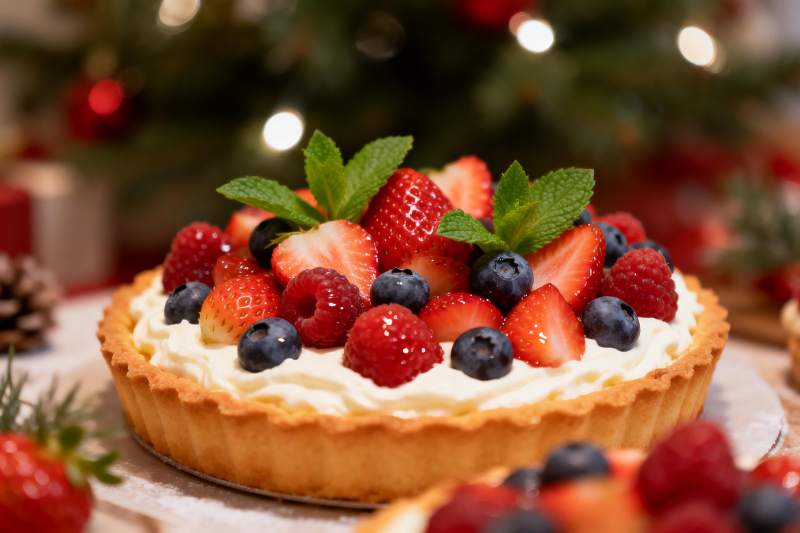 圣诞树前的水果挞图片