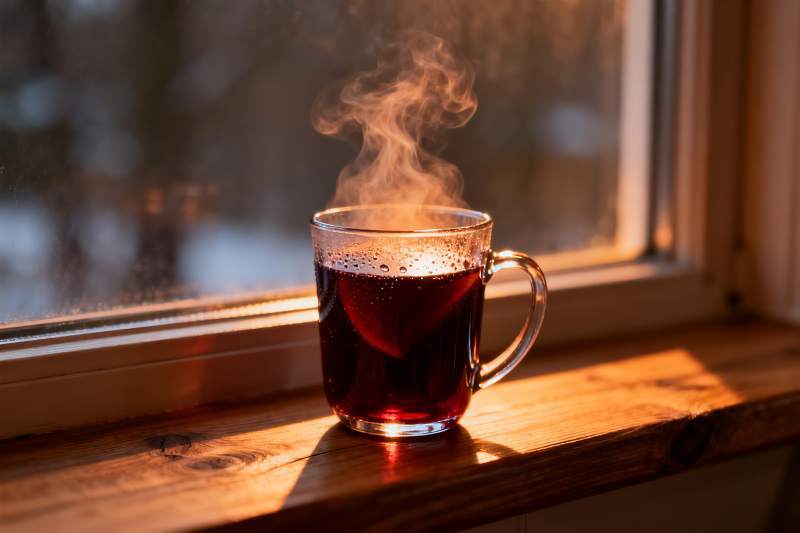 窗台热饮蒸汽袅袅升起图片