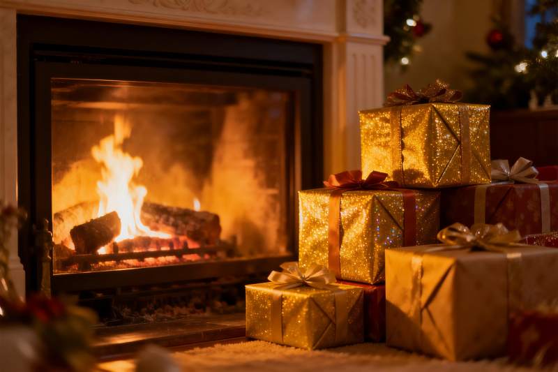 壁炉旁的圣诞礼物温馨场景图片