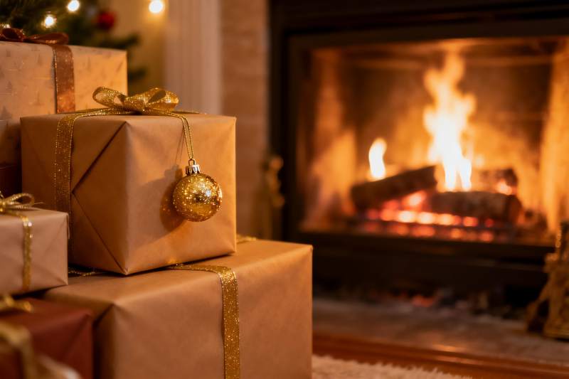 壁炉旁的圣诞礼物图片