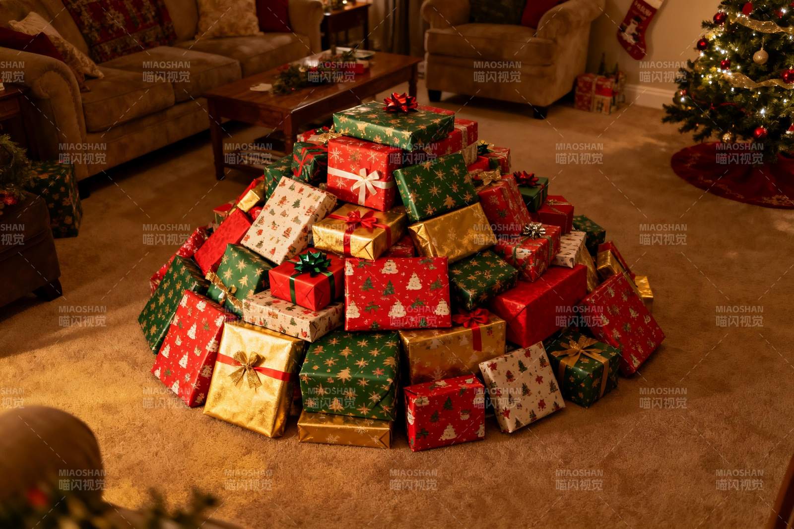 客厅堆满圣诞礼物盒图片