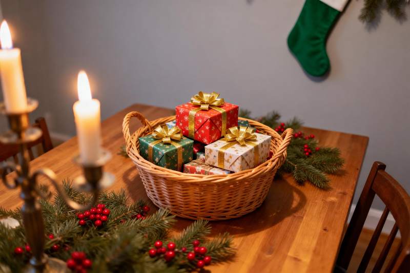 节日餐桌布置礼物篮与烛光图片