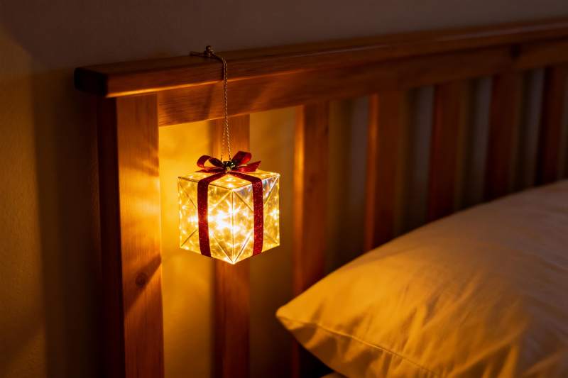 床头悬挂发光礼盒温馨夜景图片