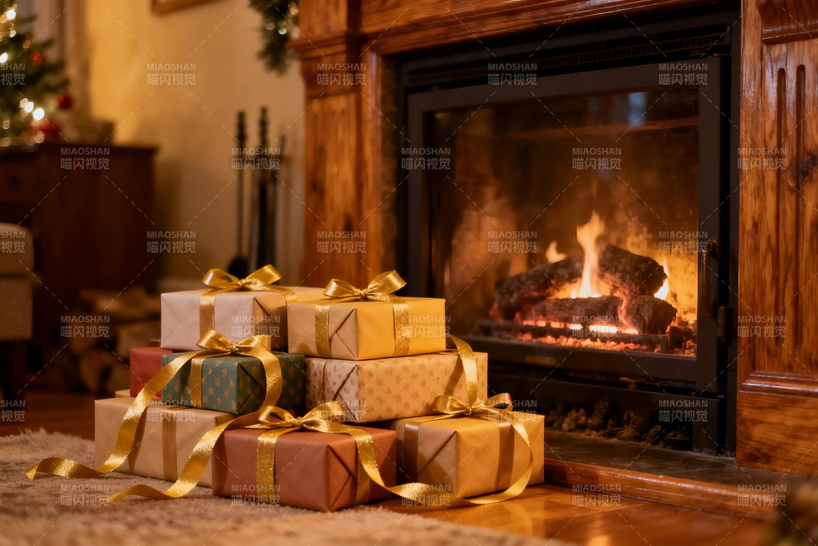 壁炉前的节日礼物堆图片