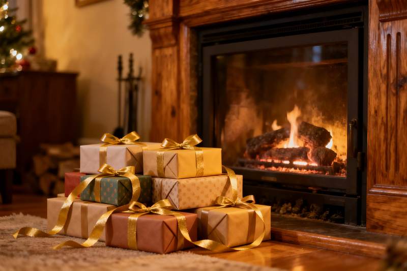 壁炉前的节日礼物堆图片