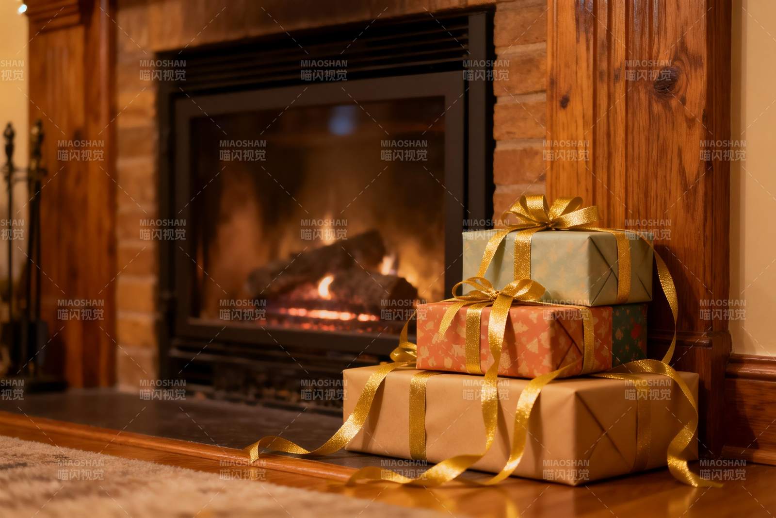 壁炉旁的节日礼物图片