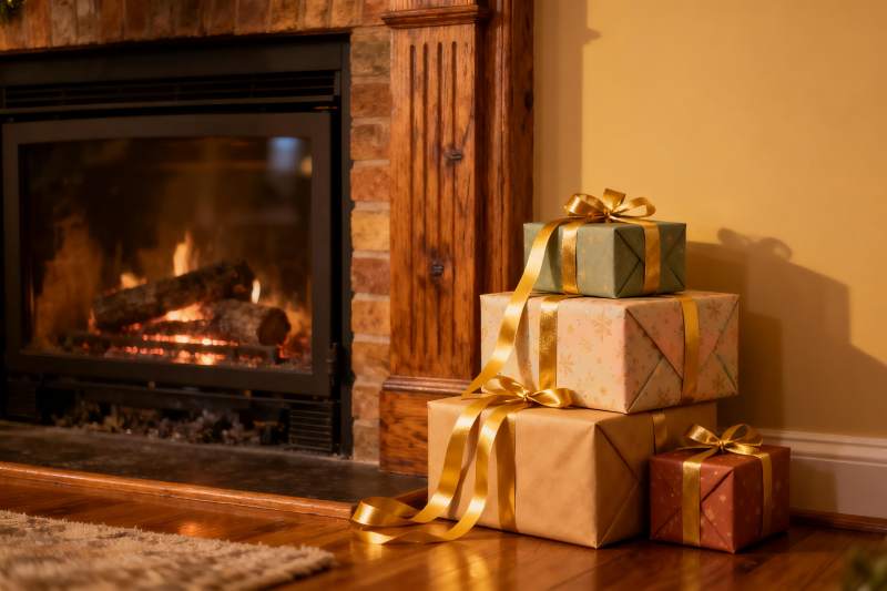 壁炉旁的节日礼物堆图片
