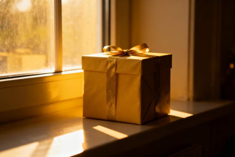 阳光窗台上的金色礼盒图片