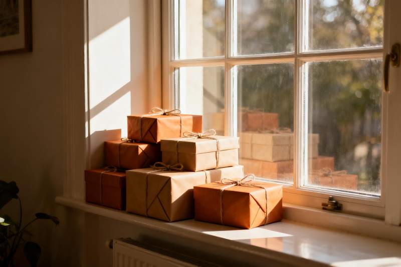 窗台阳光下的包裹堆图片