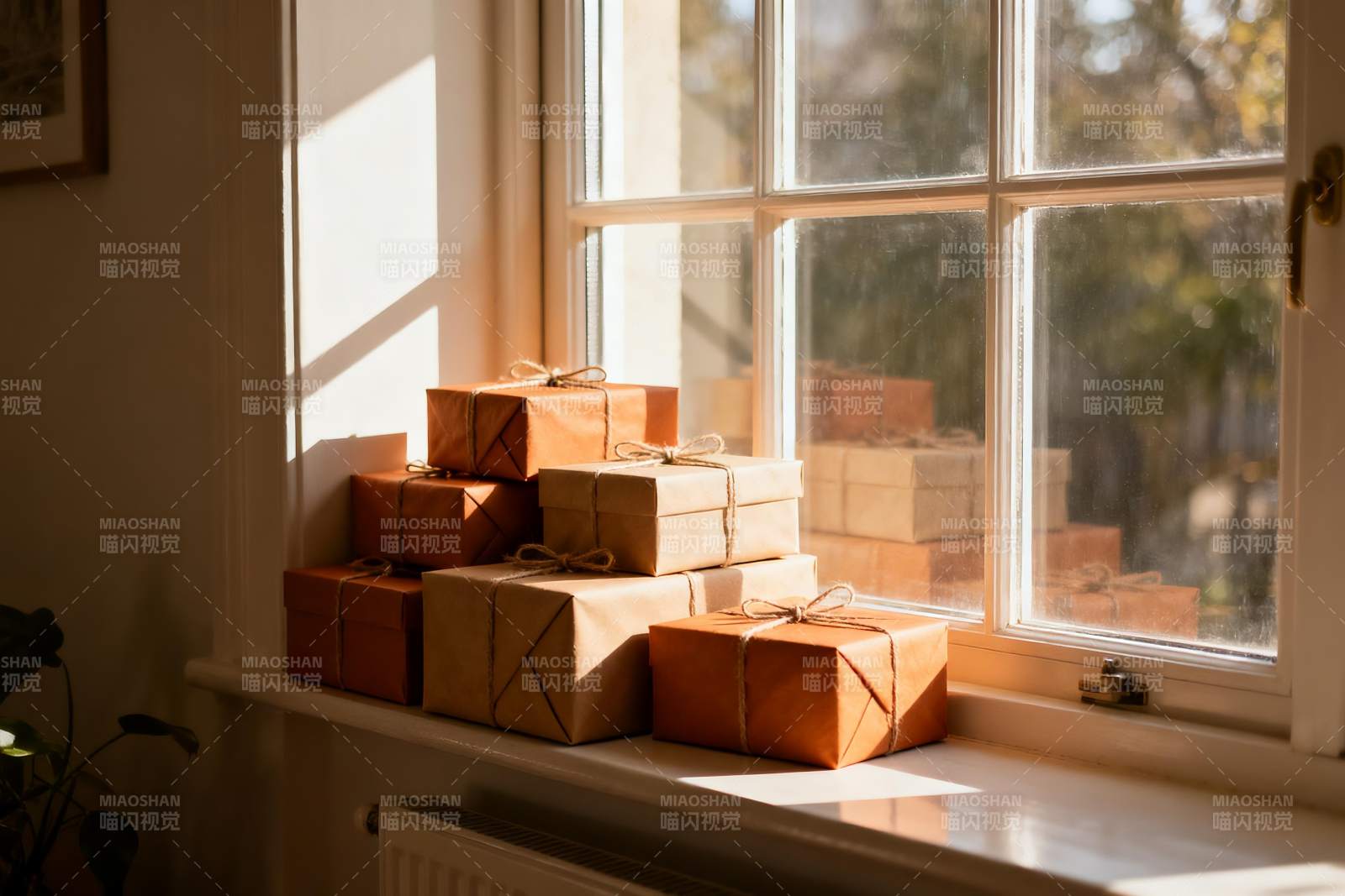 窗台阳光下的包裹堆图片