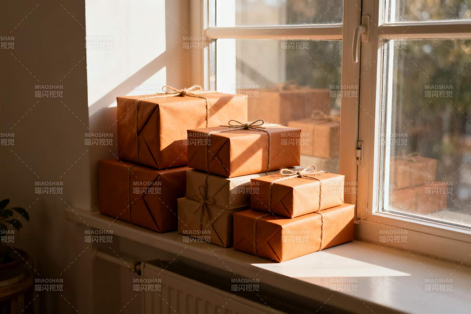 窗台包裹堆叠光影静物图片