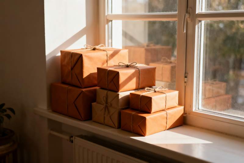 窗台包裹堆叠光影静物图片