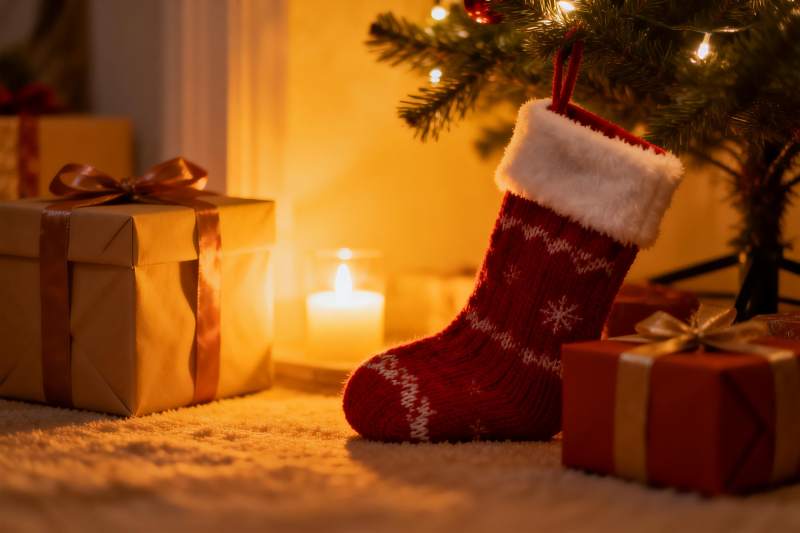 圣诞树下礼物袜温馨场景图片