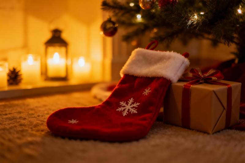 圣诞树下礼物袜温馨场景图片