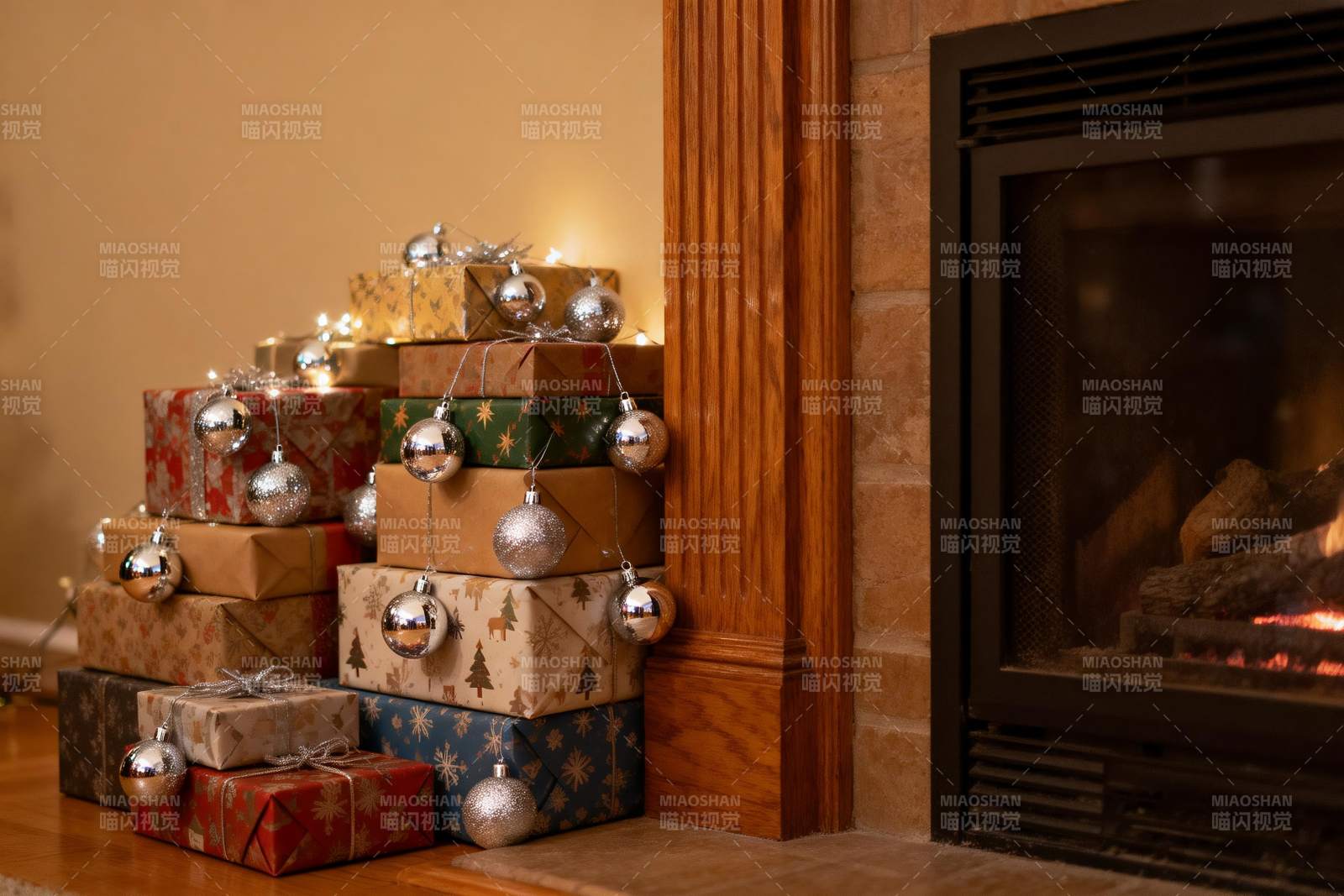 壁炉旁圣诞礼物堆图片
