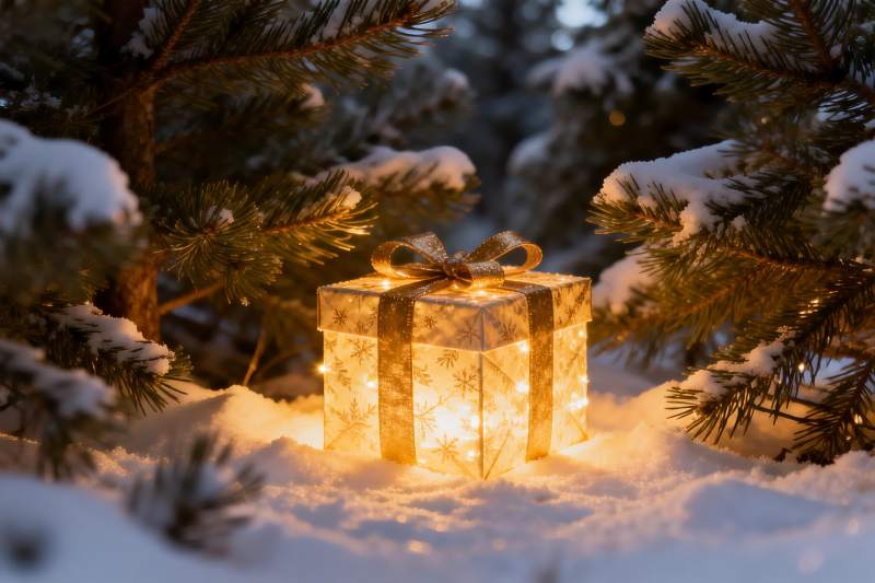 雪夜松林中的发光礼盒图片