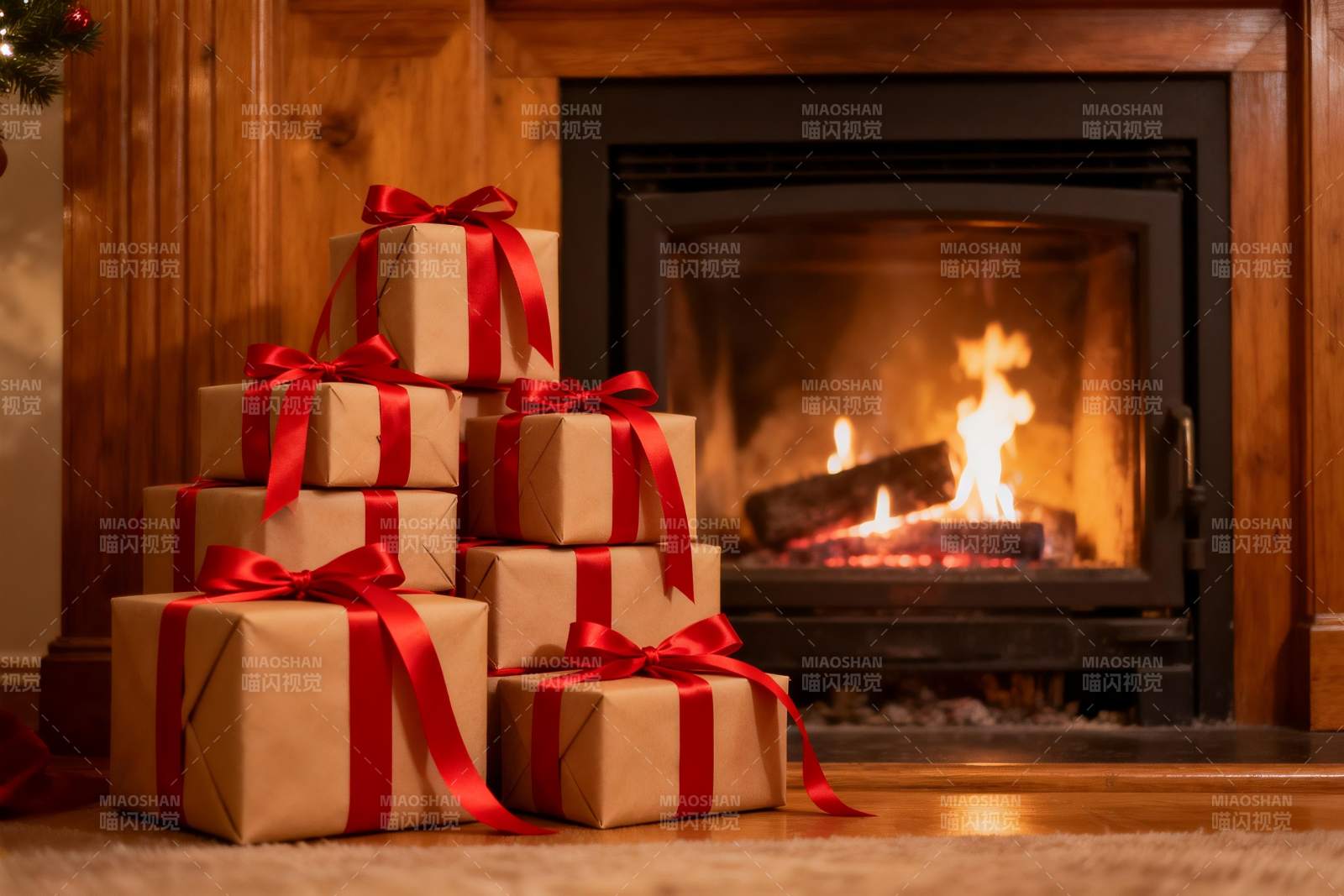 壁炉前的礼物堆图片