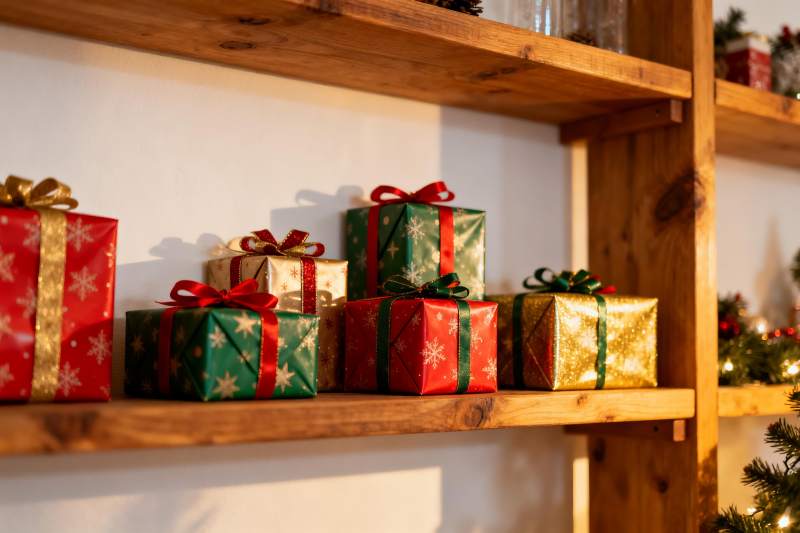 节日礼物盒摆放在木质架子上图片