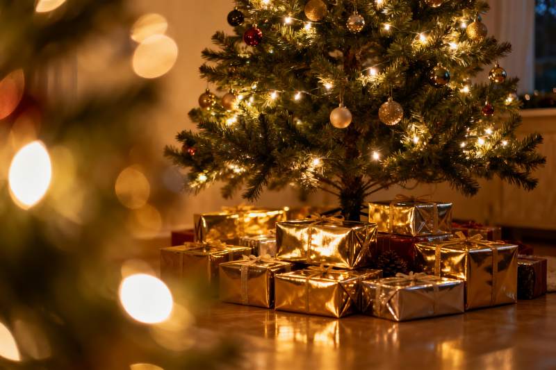 圣诞树下金色礼物堆图片