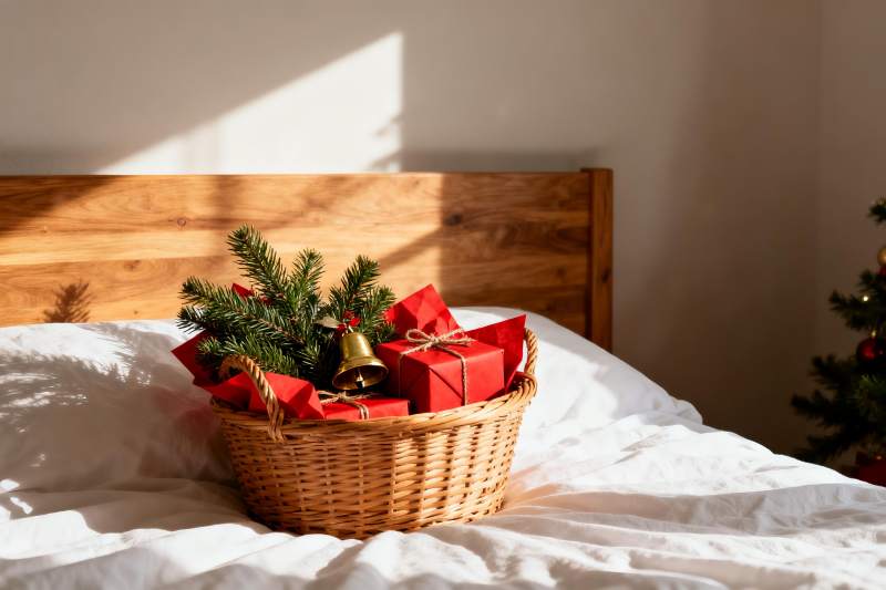 床头篮装圣诞礼物与松枝图片